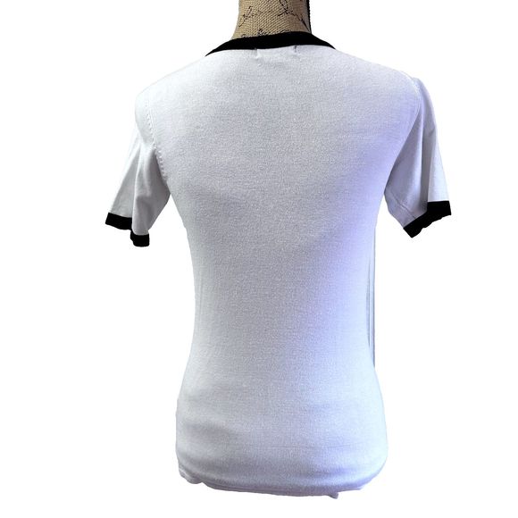 Leo Guy Womens Top SZ S Knit White Black Embellishments Short Sleeve Sweater - Picture 4 of 14